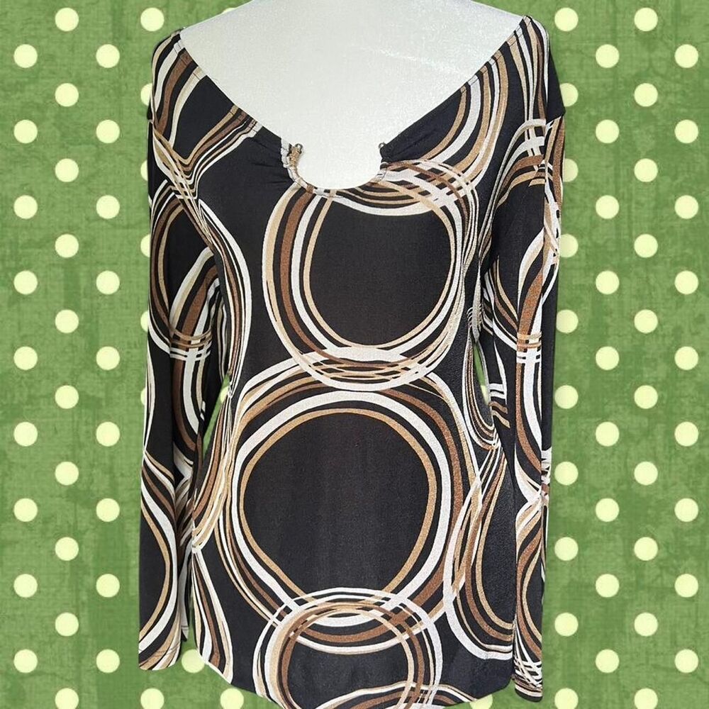 Brown/black Long Sleeve Retro Geometric Design Top